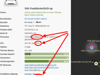 Screenshot aus Webseite karte.neanderfunk.de, Hervorgehoben mit Einkreisung und Pfeilen ein 841er ist mit Firmware "24111216sackgasse" gelistet, Site ist "nef-40_sim_EOL" und "Automatische Updates: aktiviert / sackgasse".