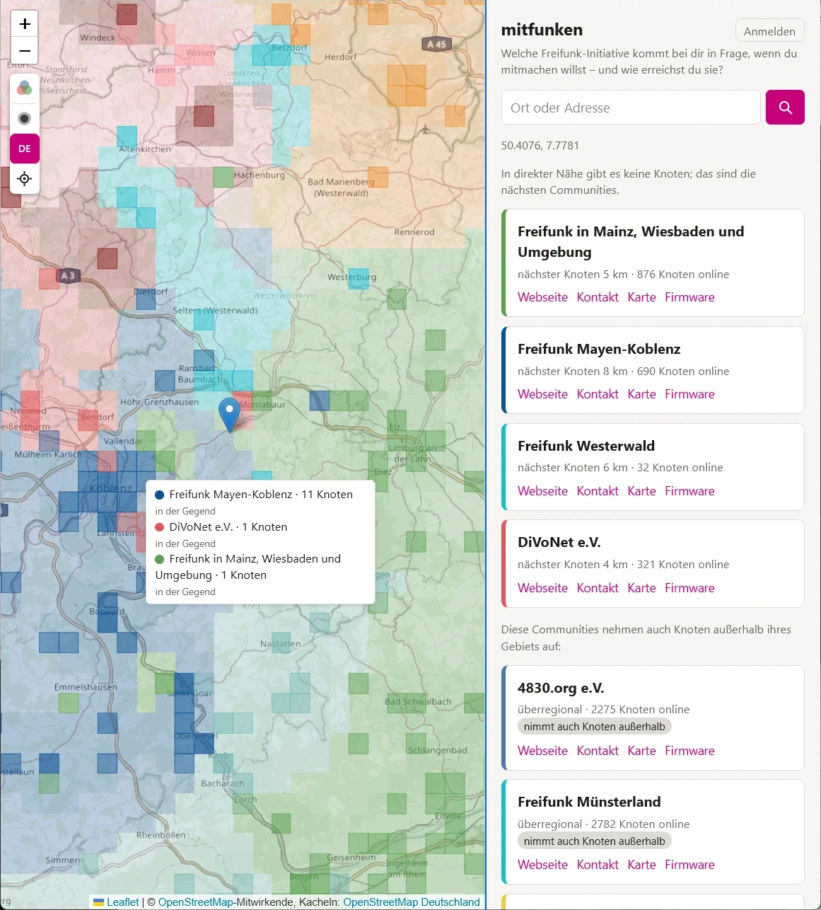 Screenshot der Seite mitfunken.freifunk.space am Computer. Links eine Karte von Westerwald und Mittelrhein mit farbigen Flächen und Raster, ein Marker steht bei Montabaur. Am Marker die Liste: Freifunk Mayen-Koblenz 11 Knoten, DiVoNet e.V. 1 Knoten, Freifunk in Mainz, Wiesbaden und Umgebung 1 Knoten, jeweils in der Gegend. Rechts der Hinweis „In direkter Nähe gibt es keine Knoten; das sind die nächsten Communities.“ mit vier Karten: Freifunk in Mainz, Wiesbaden und Umgebung (nächster Knoten 5 km), Freifunk Mayen-Koblenz (8 km), Freifunk Westerwald (6 km) und DiVoNet e.V. (4 km). Darunter „Diese Communities nehmen auch Knoten außerhalb ihres Gebiets auf:“ mit 4830.org e.V. und Freifunk Münsterland, beide als überregional und mit dem Etikett „nimmt auch Knoten außerhalb“.