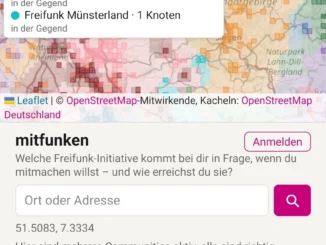 Screenshot der Seite mitfunken.freifunk.space auf dem Handy. Oben eine Karte von Ruhrgebiet und Sauerland mit farbigen Flächen und einem Raster aus kleinen Quadraten, jede Community in eigener Farbe. Ein Marker steht bei Dortmund, daneben eine Liste: Freifunk Bochum 6 Knoten, Freifunk Dortmund 2 Knoten, Freifunk im Ennepe-Ruhr-Kreis 1 Knoten, Freifunk Münsterland 1 Knoten, jeweils in der Gegend. Darunter das Suchfeld „Ort oder Adresse“, der Hinweis „Hier sind mehrere Communities aktiv, alle sind richtig.“ und zwei Karten: Freifunk Dortmund, nächster Knoten 1 km, 426 Knoten online, und Freifunk Bochum, nächster Knoten 3 km, 186 Knoten online, jeweils mit Links zu Webseite, Kontakt, Karte und Firmware. Ganz unten: Stand 2026-10-19, 77 Communities, Raster etwa 2 km, keine einzelnen Knoten.
