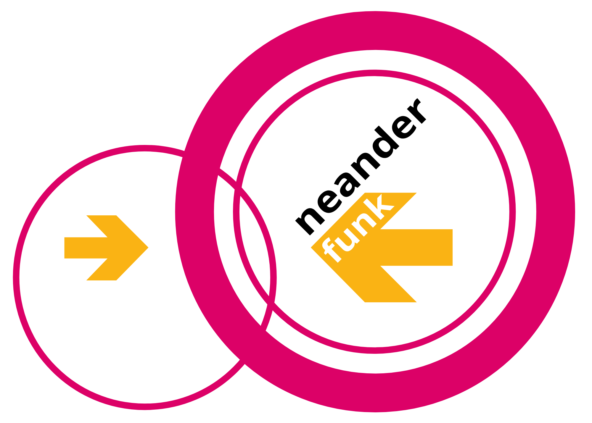 Neanderfunk-Logo: zwei Kreise in Magenta mit gelben Pfeilen und dem Schriftzug neander funk
