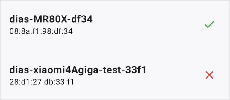 Zwei Zeilen aus der App NodeMonitor: dias-MR80X-df34 mit grünem Haken, dias-xiaomi4Agiga-test-33f1 mit rotem Kreuz.