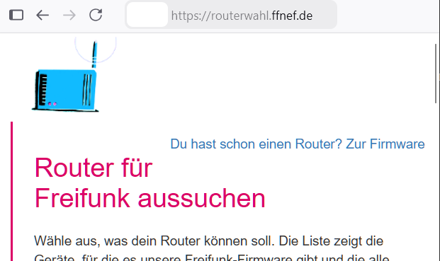 routerwahl.ffnef.de im Browser: gezeichneter blauer Router und die Überschrift Router für Freifunk aussuchen