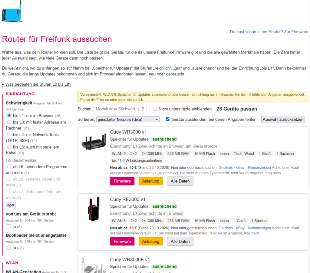Startansicht von routerwahl.ffnef.de: links die Filter, rechts die passenden Router mit Speicherstufe, Einrichtung, Neupreis und den Knöpfen Firmware, Anleitung und Alle Daten