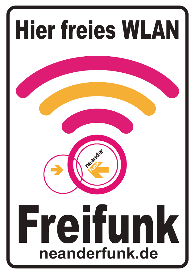 Sticker mit schwarzem Rahmen: oben „Hier freies WLAN“, darunter WLAN-Bögen in Magenta und Gelb, das Neanderfunk-Logo, groß „Freifunk“ und neanderfunk.de