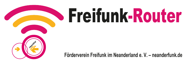 Schmaler Sticker: WLAN-Bögen mit Neanderfunk-Logo, daneben „Freifunk-Router“ und die Webadresse